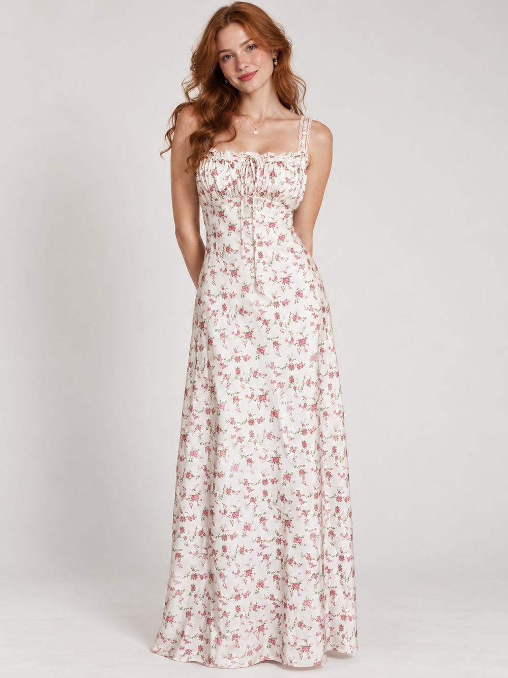 ALTAR'D STATE Kya Floral Lace-Trim Milkmaid Slip Maxi Dress Ivory Rose Sz Large
